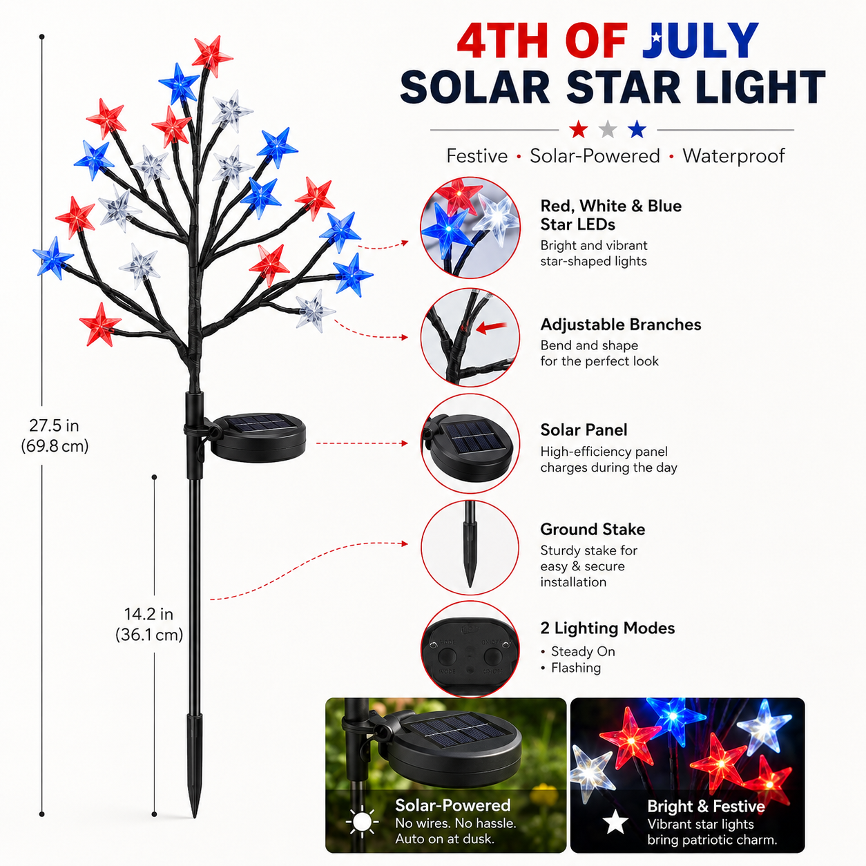 Solar Red, White & Blue Star Garden Lights