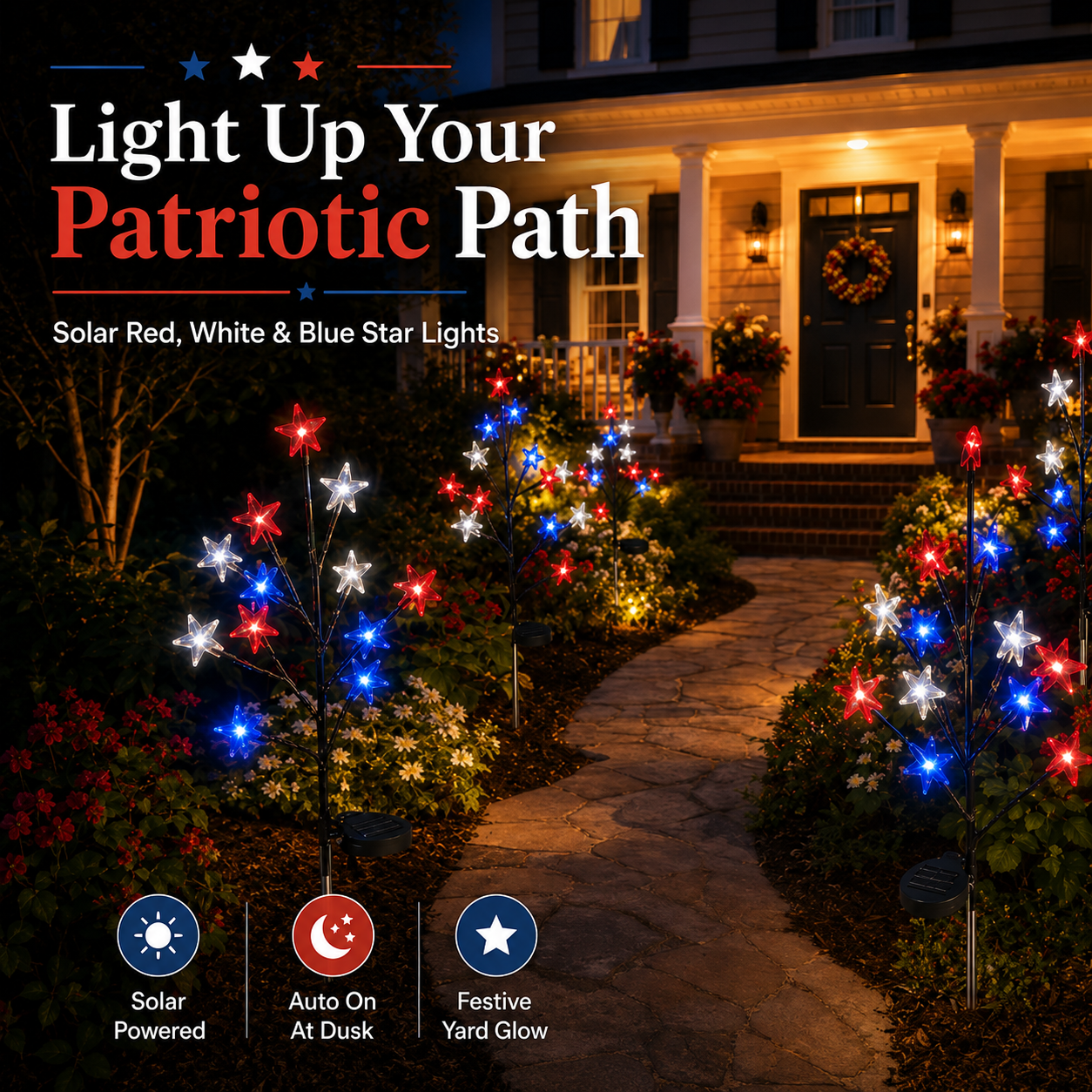 Solar Red, White & Blue Star Garden Lights